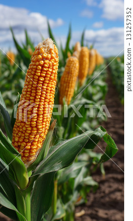 Cornfield with tall plants and ripe kernels under a blue sky 131257352