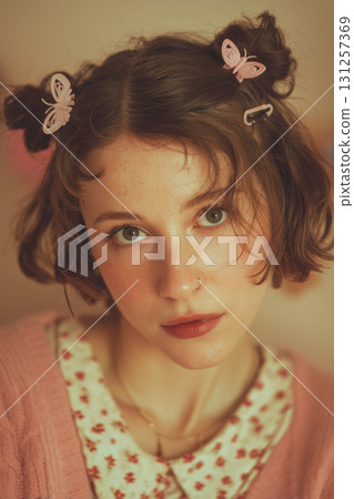 Portrait of a young woman with a stylish haircut and butterfly clips 131257369
