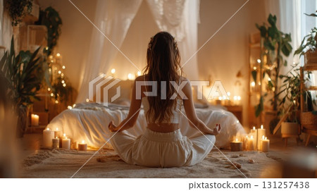 Serene Woman Meditating in a Cozy Candlelit Bedroom Retreat for Relaxation and Mindfulness 131257438