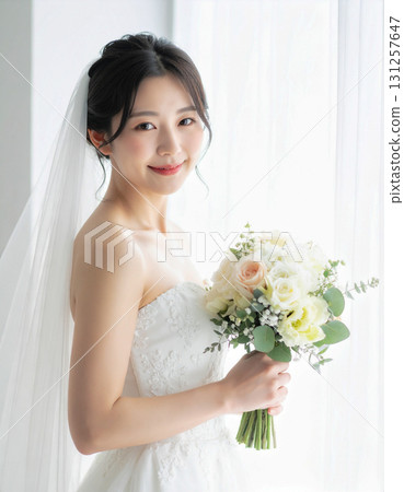 A young woman in a dress holding a bouquet 131257647