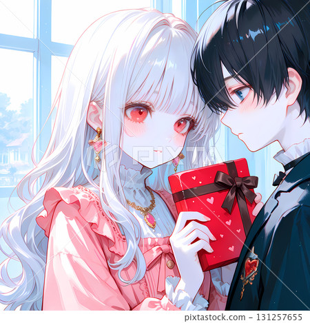 情侶互贈禮物。白化病女孩和藍眼睛青年男子的情人節。日本漫畫風格的AI插畫。 情侶互贈禮物。白化病女孩和藍眼睛青年男子的情人節。日本漫畫風格的AI插畫。 131257655