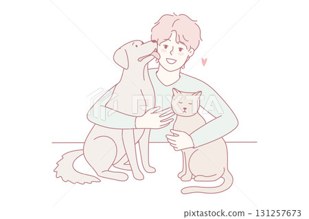 Happy guy with pets Happy guy with pets 131257673