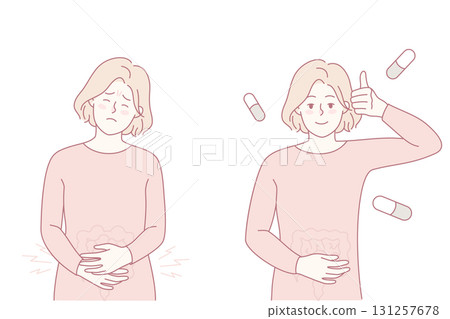 Girl taking pill from stomachache 131257678