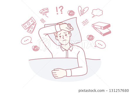 Unhappy man suffer from insomnia overthinking Unhappy man suffer from insomnia overthinking 131257680