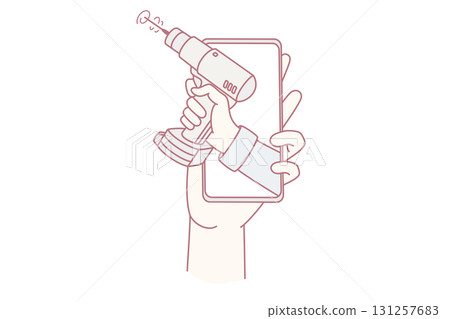 Person holding cellphone with mechanic on screen Person holding cellphone with mechanic on screen 131257683