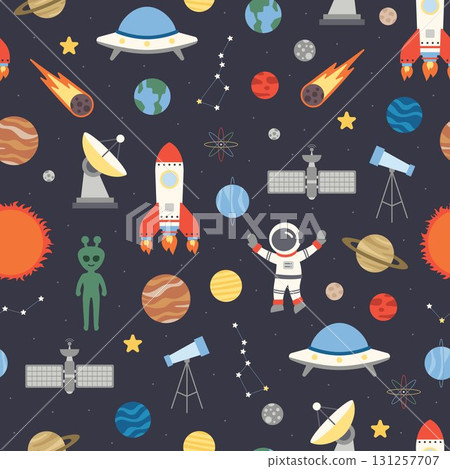 OUTER SPACE seamless pattern wallpaper astronaut themed background repeat texture backdrop cute flat simple minimal illustration editable vector 131257707