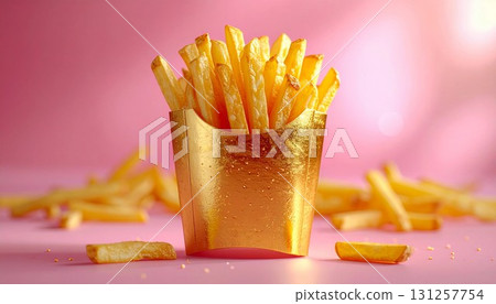 French fries in a gold package on a pink background. Generative AI 131257754
