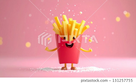 Cute french fries with limbs on a pink background - generative AI 131257755