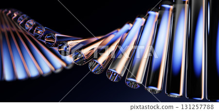 Abstract black 3d background with neon glass spiral effect of horizontal row of radiant cylindrical shapes. Holographic wave line pattern with blue brown gradient, technology design. 3D illustration 131257788