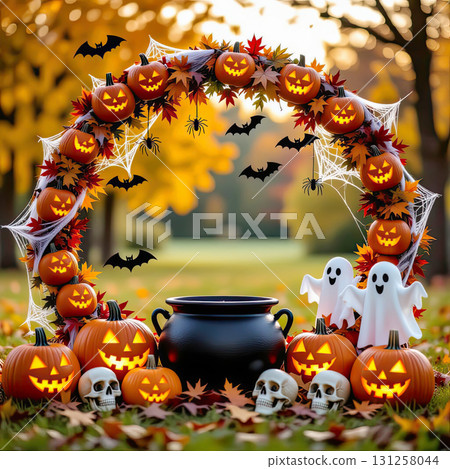 A frame consisting of a garland of Halloween elements: pumpkins, a black cauldron, skulls, cobwebs and spiders, bats, and cheerful ghosts 131258044