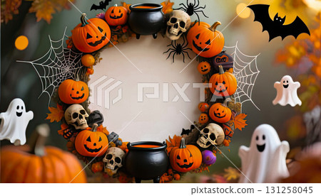 A frame consisting of a garland of Halloween elements: pumpkins, a black cauldron, skulls, cobwebs and spiders, bats, and cheerful ghosts 131258045