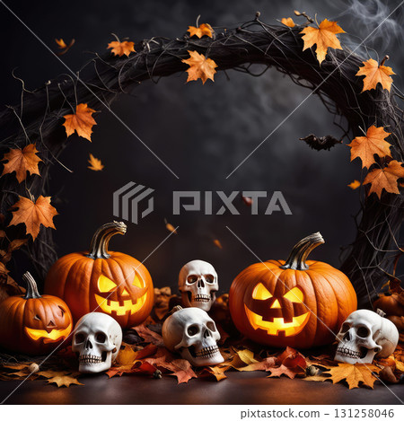 A frame consisting of a garland of Halloween elements: pumpkins, a black cauldron, skulls, cobwebs and spiders, bats, and cheerful ghosts 131258046