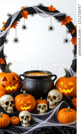 A frame consisting of a garland of Halloween elements: pumpkins, a black cauldron, skulls, cobwebs and spiders, bats, and cheerful ghosts 131258047
