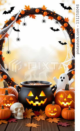 A frame consisting of a garland of Halloween elements: pumpkins, a black cauldron, skulls, cobwebs and spiders, bats, and cheerful ghosts 131258048
