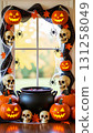 A frame consisting of a garland of Halloween elements: pumpkins, a black cauldron, skulls, cobwebs and spiders, bats, and cheerful ghosts 131258049