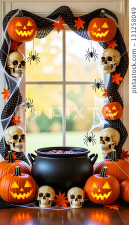 A frame consisting of a garland of Halloween elements: pumpkins, a black cauldron, skulls, cobwebs and spiders, bats, and cheerful ghosts 131258049