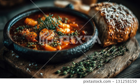 Comfort food concept. Hearty seafood stew with shrimp and herbs in rustic bowl, accompanied by crusty bread 131258150