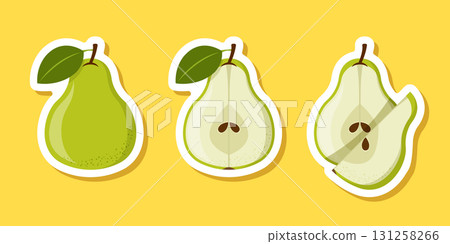 Pear sticker icon set collection in flat style. Fresh fruit vector illustration on isolated background. Fresh pear sign business concept. Pear sticker icon set collection in flat style. Fresh fruit vector illustration on isolated background. Fresh pear sign business concept. 131258266