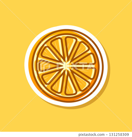 Orange fruit sticker icon in cartoon comic style. Clementine vector illustration on isolated background. Nature snack sign business concept. 131258309