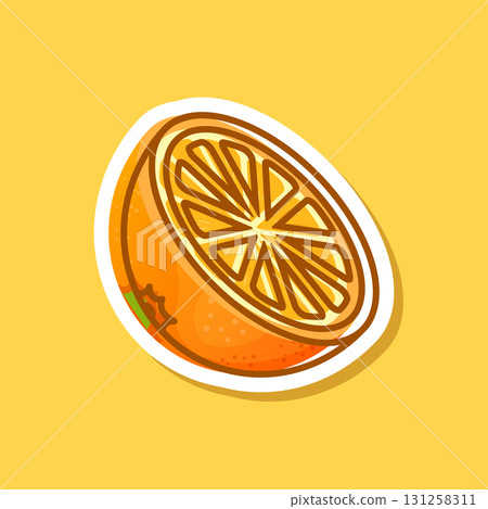 Orange fruit sticker icon in cartoon comic style. Clementine vector illustration on isolated background. Nature snack sign business concept. 131258311