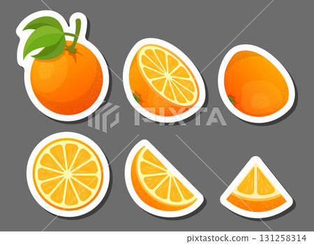 Orange fruit sticker icon in cartoon comic style. Clementine vector illustration on isolated background. Nature snack sign business concept. 131258314