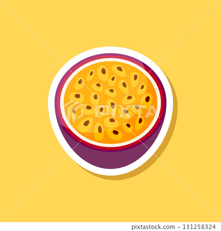Passion fruit sticker icon in flat style. Passionfruit vector illustration on isolated background. Nature snack sign business concept. Passion fruit sticker icon in flat style. Passionfruit vector illustration on isolated background. Nature snack sign business concept. 131258324