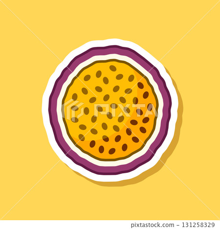 Passion fruit sticker icon in flat style. Passionfruit vector illustration on isolated background. Nature snack sign business concept. 131258329