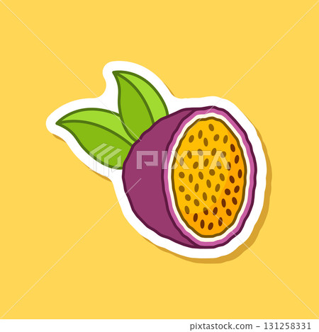 Passion fruit sticker icon in flat style. Passionfruit vector illustration on isolated background. Nature snack sign business concept. 131258331