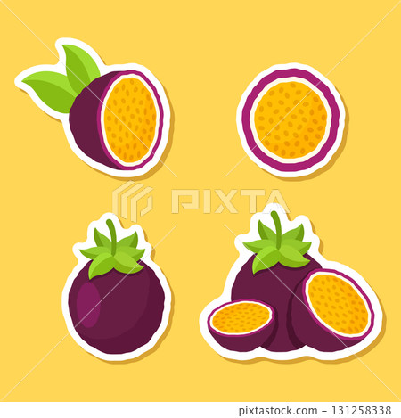 Passion fruit sticker icon set collection in flat style. Passionfruit vector illustration on isolated background. Nature snack sign business concept. Passion fruit sticker icon set collection in flat style. Passionfruit vector illustration on isolated background. Nature snack sign business concept. 131258338