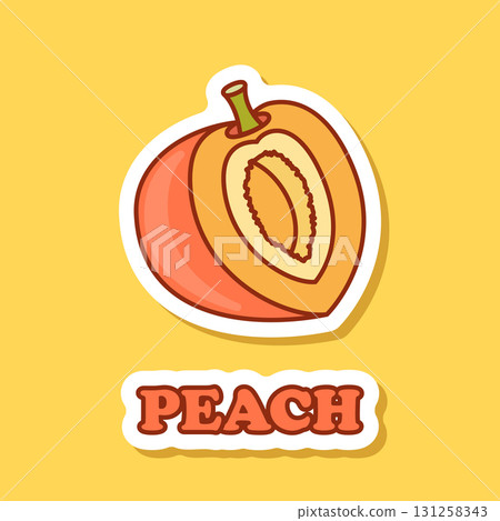 Peach fruit sticker icon in flat style. Apricot vector illustration on isolated background. Nectarine nature snack sign business concept. 131258343
