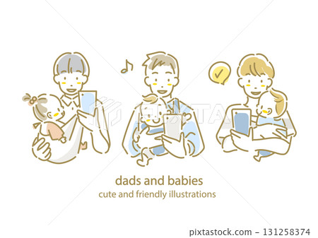 A set of a young father and baby, smartphone, hand-drawn watercolor style stylish line drawing illustration 131258374