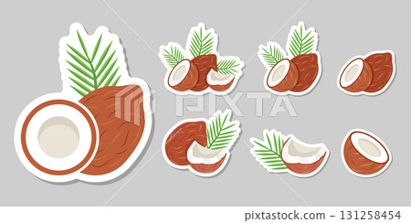 Coconut sticker icon set collection in flat style. Healthy food vector illustration on isolated background. Coco plant sign business concept. Coconut sticker icon set collection in flat style. Healthy food vector illustration on isolated background. Coco plant sign business concept. 131258454