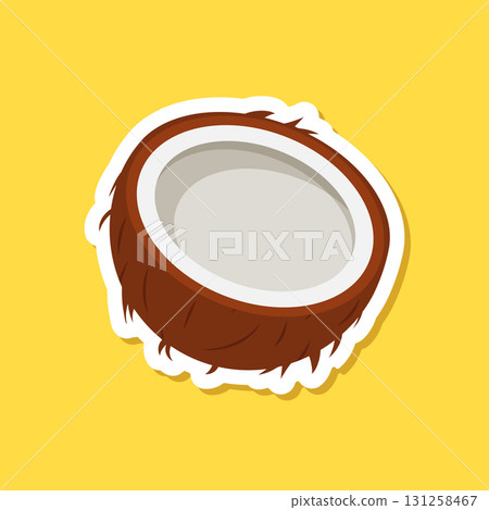 Coconut sticker icon in flat style. Healthy food vector illustration on isolated background. Coco plant sign business concept. Coconut sticker icon in flat style. Healthy food vector illustration on isolated background. Coco plant sign business concept. 131258467