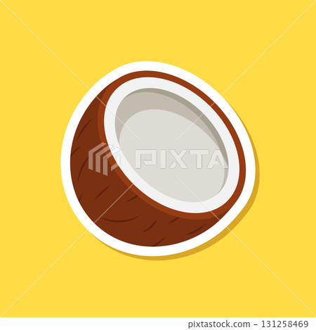 Coconut sticker icon in flat style. Healthy food vector illustration on isolated background. Coco plant sign business concept. Coconut sticker icon in flat style. Healthy food vector illustration on isolated background. Coco plant sign business concept. 131258469