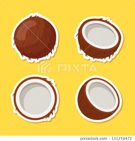 Coconut sticker icon set collection in flat style. Healthy food vector illustration on isolated background. Coco plant sign business concept. Coconut sticker icon set collection in flat style. Healthy food vector illustration on isolated background. Coco plant sign business concept. 131258472