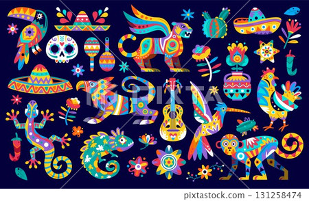 Colorful Mexican Festival Elements with Traditional Alebrije Motifs Original Set 131258474