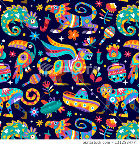 Colorful Flat Alebrije Animal Illustrations Inspired by Mexican Folk Art 131258477