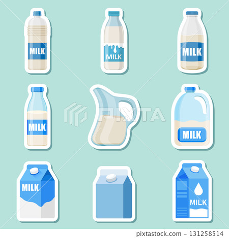 Milk bottle sticker icon set collection in flat style. Dairy product vector illustration on isolated background. Milky liquid sign business concept. Milk bottle sticker icon set collection in flat style. Dairy product vector illustration on isolated background. Milky liquid sign business concept. 131258514