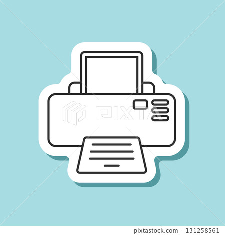 Printer sticker icon in flat linear style. Office machine vector illustration on isolated background. Printout sign business concept. 131258561