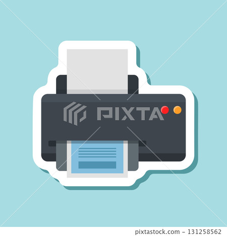 Printer sticker icon in flat style. Office machine vector illustration on isolated background. Printout sign business concept. Printer sticker icon in flat style. Office machine vector illustration on isolated background. Printout sign business concept. 131258562