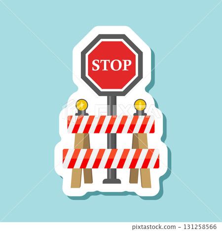Stop traffic road barrier sticker icon in flat style. Roadwork vector illustration on isolated background. Safety barricade sign business concept. Stop traffic road barrier sticker icon in flat style. Roadwork vector illustration on isolated background. Safety barricade sign business concept. 131258566