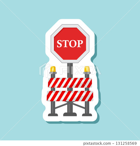 Stop traffic road barrier sticker icon in flat style. Roadwork vector illustration on isolated background. Safety barricade sign business concept. Stop traffic road barrier sticker icon in flat style. Roadwork vector illustration on isolated background. Safety barricade sign business concept. 131258569
