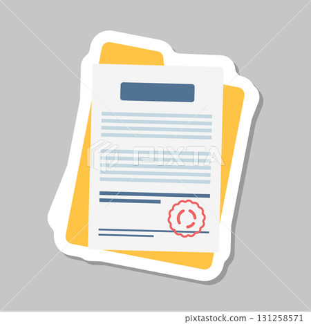 Document, folder with stamp and text sticker icon in flat style. White papers vector illustration on isolated background. Confirmed or approved document sign business concept. 131258571