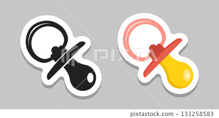 Baby pacifier sticker icon in flat style. Nipple for newborn child vector illustration on isolated background. Soother sign business concept. Baby pacifier sticker icon in flat style. Nipple for newborn child vector illustration on isolated background. Soother sign business concept. 131258583