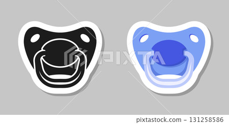 Baby pacifier sticker icon in flat style. Nipple for newborn child vector illustration on isolated background. Soother sign business concept. Baby pacifier sticker icon in flat style. Nipple for newborn child vector illustration on isolated background. Soother sign business concept. 131258586