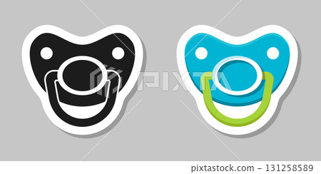 Baby pacifier sticker icon in flat style. Nipple for newborn child vector illustration on isolated background. Soother sign business concept. 131258589