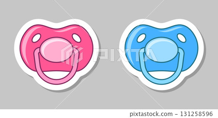 Baby pacifier sticker icon in flat style. Nipple for newborn child vector illustration on isolated background. Soother sign business concept. 131258596