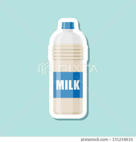 Milk bottle sticker icon in flat style. Dairy product vector illustration on isolated background. Milky liquid sign business concept. 131258610