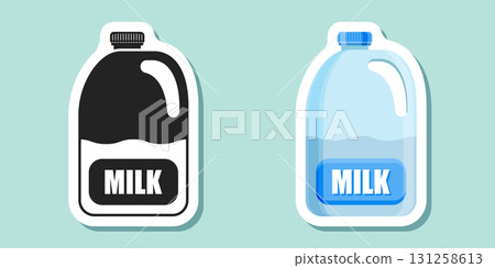 Milk bottle sticker icon in flat style. Dairy product vector illustration on isolated background. Milky liquid sign business concept. Milk bottle sticker icon in flat style. Dairy product vector illustration on isolated background. Milky liquid sign business concept. 131258613