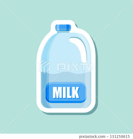 Milk bottle sticker icon in flat style. Dairy product vector illustration on isolated background. Milky liquid sign business concept. Milk bottle sticker icon in flat style. Dairy product vector illustration on isolated background. Milky liquid sign business concept. 131258615